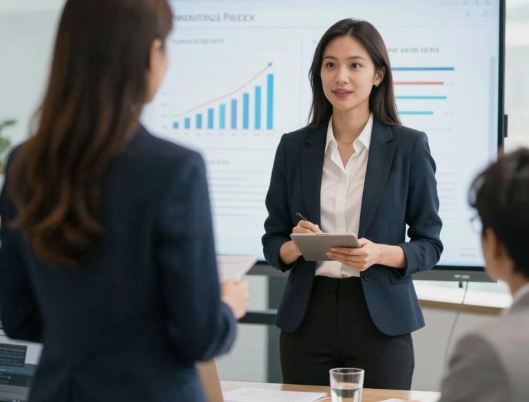 Asian female professional giving a business presentation with data charts on a screen in a meeting room.