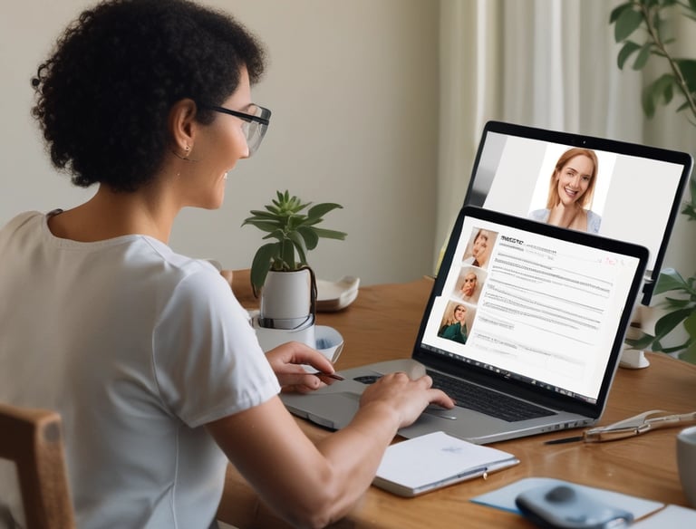 A warm, inviting virtual session with a woman smiling and taking notes during a health coaching call.