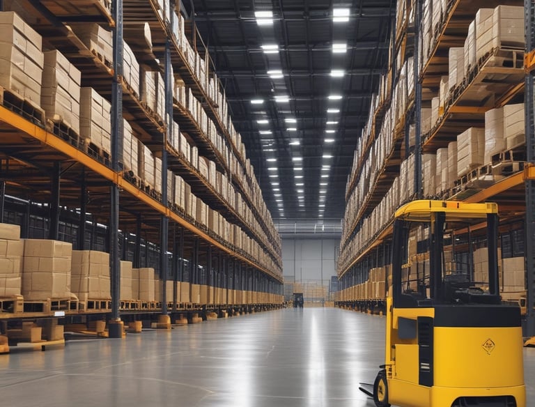 A busy warehouse with workers organizing pallets and loading trucks.