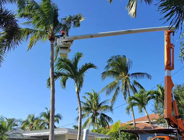 Professional tree service worker in a bucket truck trimming tall palm trees on a sunny day.