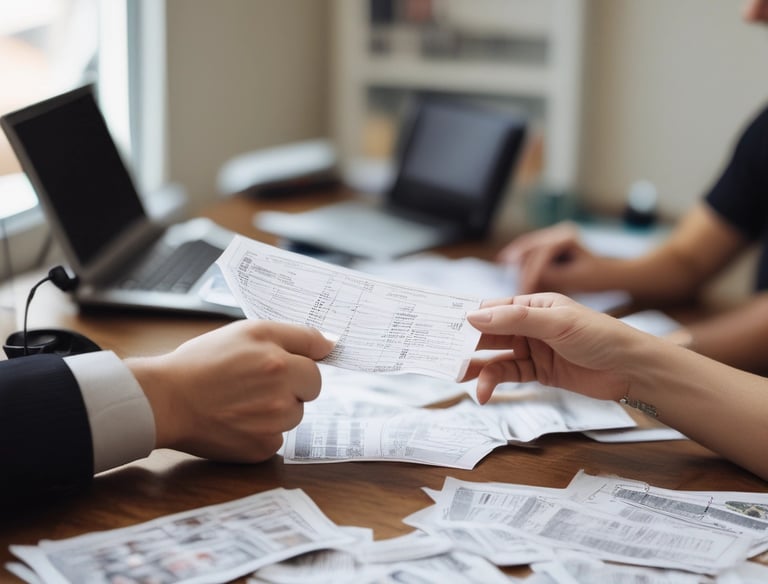A customer buying airline tickets at a colorful service desk with yellow and green branding.