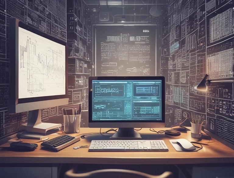Developer coding a mobile app on a dual-monitor setup in a modern office.