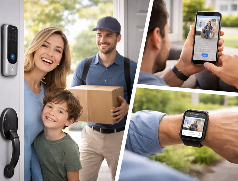 Family greeting a delivery person at the front door while viewing a video doorbell feed on a phone and smartwatch.