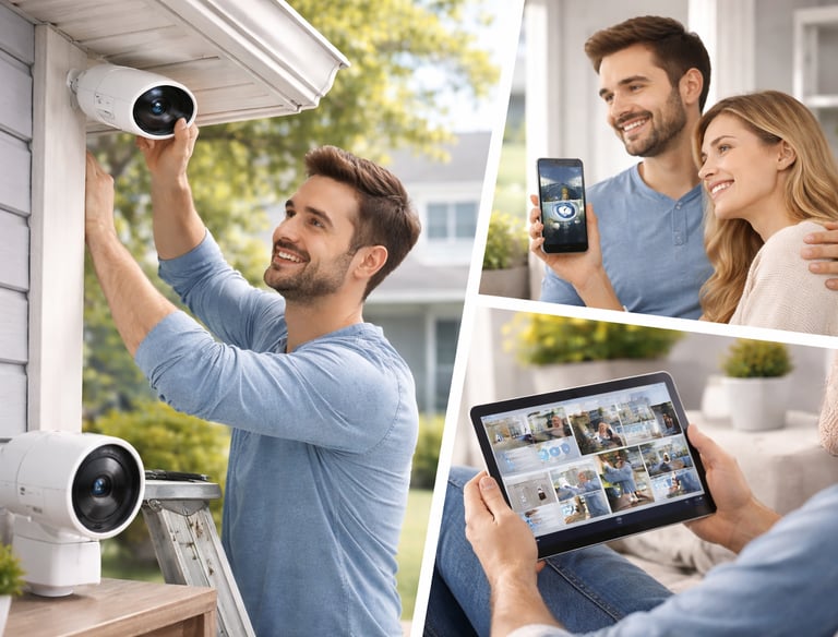 Couple installing outdoor security cameras and viewing live footage on a smartphone and tablet at home.