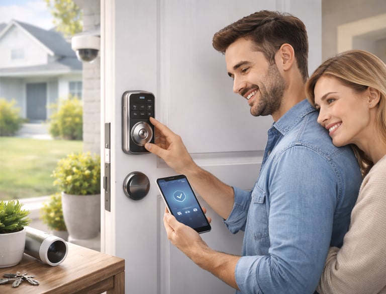 Couple entering their home using a smart lock on the front door