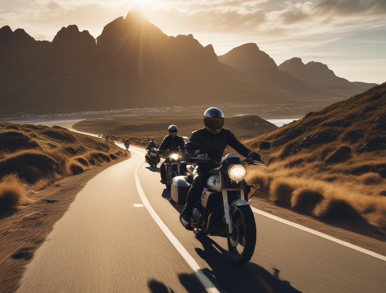 A group of riders in black and gold gear coordinating a scenic route along the Overberg coastline.