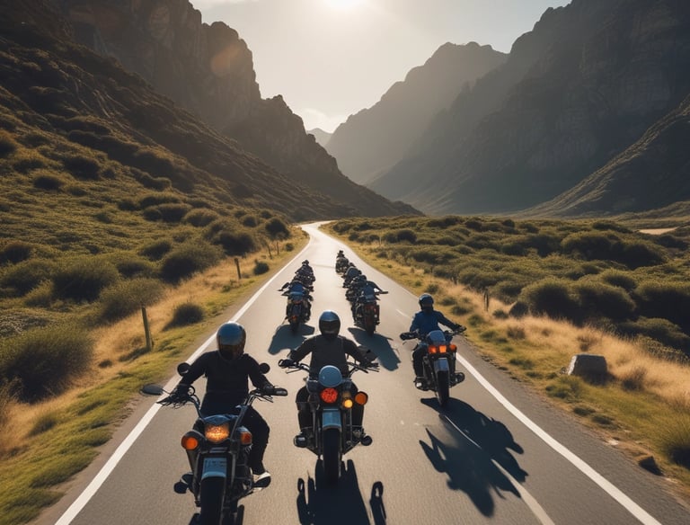 A stylish motorcycle escort guiding a convoy through a vibrant city street towards an event venue.