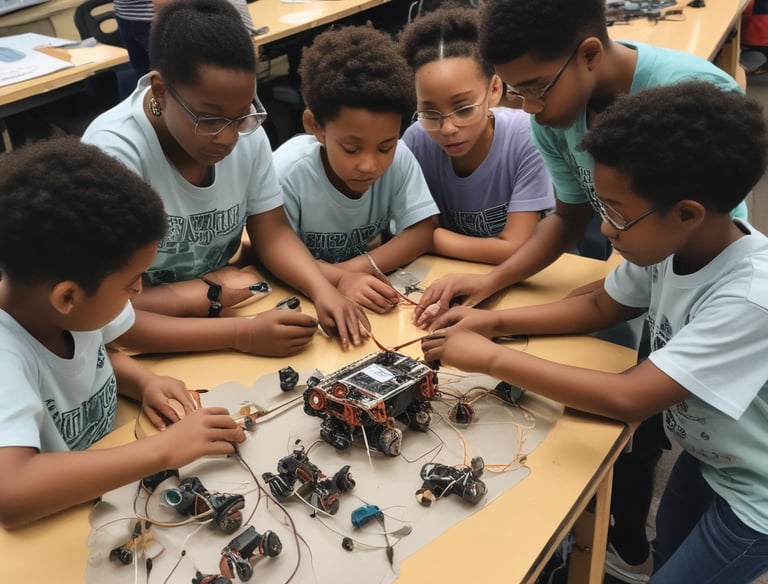 Volunteers assembling LEGO structures and setting up tables in a bright conference hall.
