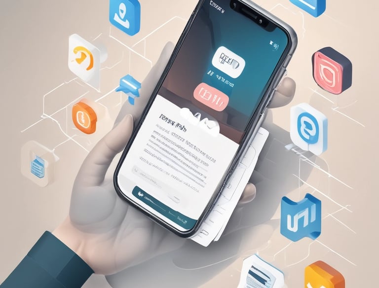 A friendly customer support agent assisting a client via a laptop, with mobile app icons visible on the screen.