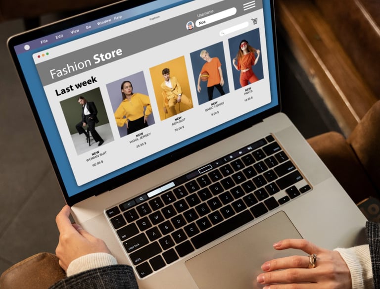Mujer sosteniendo una laptop con una página we con tienda en la pantalla