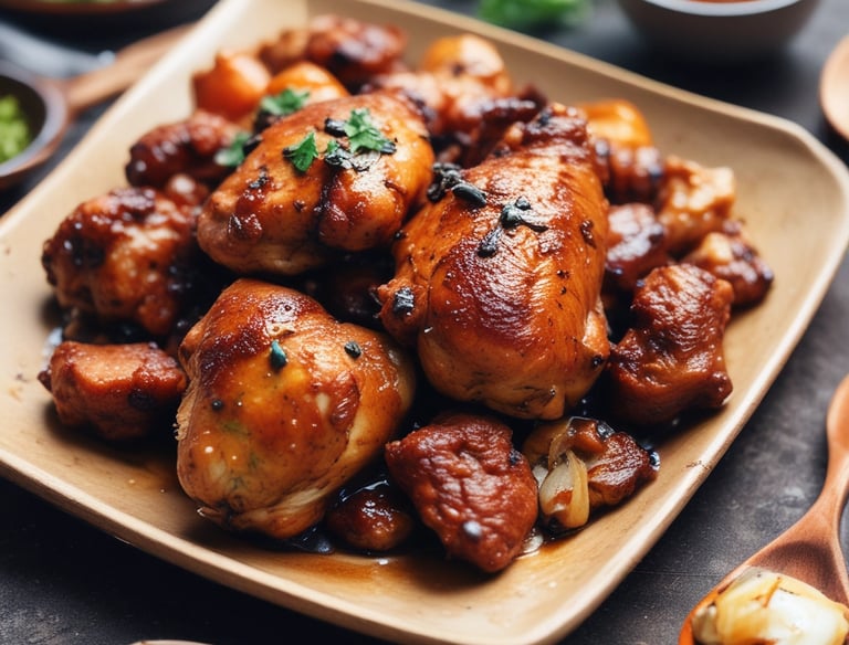 A steaming plate of adobo served with garlic rice and fresh vegetables.