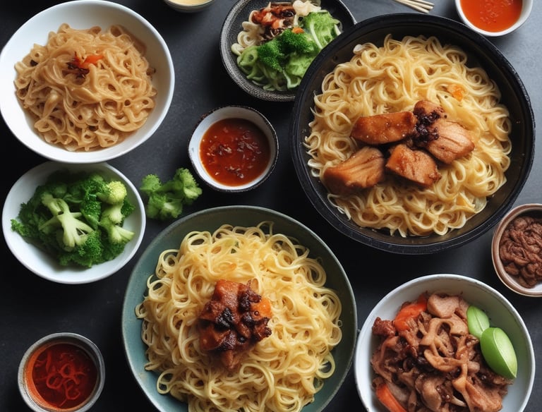 A dinner table set with plates of pancit canton and freshly brewed tea.