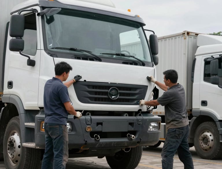 Before and after shots of a heavy-duty truck’s dented side restored to smooth finish.