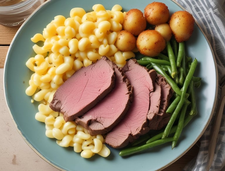 A beautifully arranged catering spread with colorful comfort food dishes.
