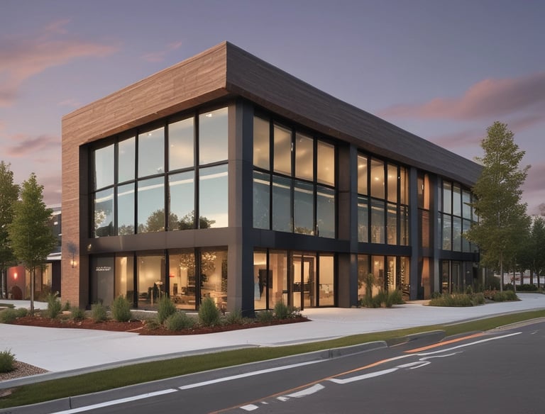 Janitorial equipment neatly arranged against a dark green backdrop with evergreen tree outlines.