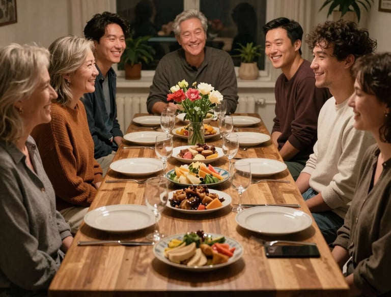 A warm kitchen scene with a chef guiding a guest through chopping fresh vegetables.