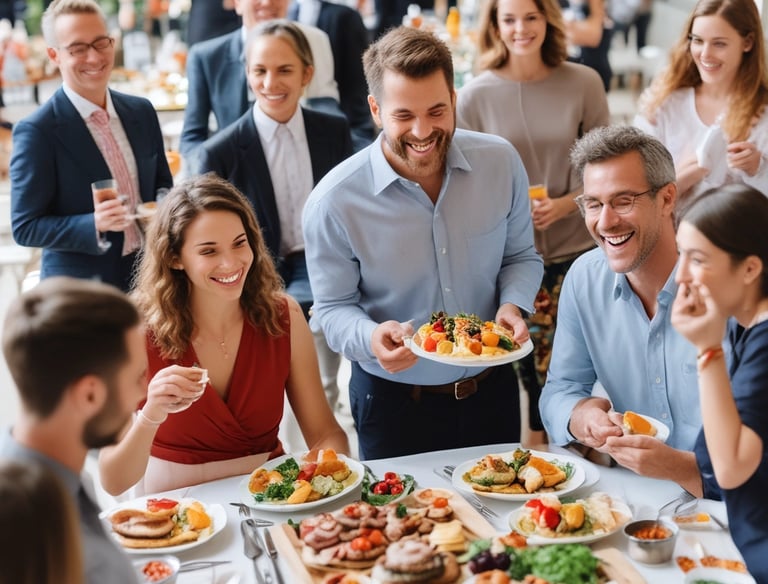 A lively private party with guests enjoying food and laughter around a decorated table.
