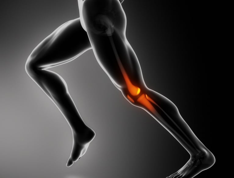 Ilustración anatómica de un corredor con dolor e inflamación resaltados en la articulación