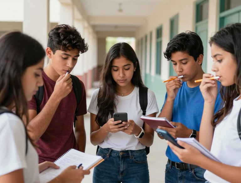 A diverse group of Mexican teenagers using smartphones to record voice notes in a modern school hallway.