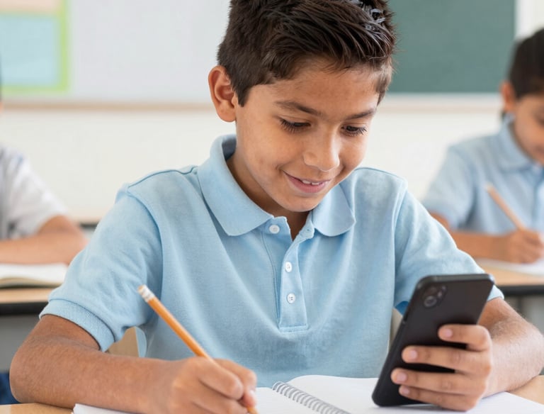 A young Mexican primary school student smiling while solving a colorful digital challenge on a tablet in a bright classroom.