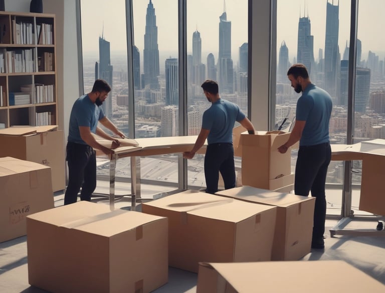 A sturdy moving truck loaded with office furniture ready to depart.