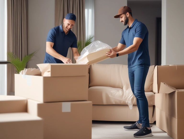 Professional movers carefully packing household items in a cozy living room.