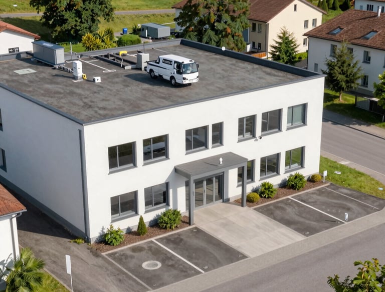 Drone capturing a high-resolution aerial photo of a modern commercial building in Switzerland.
