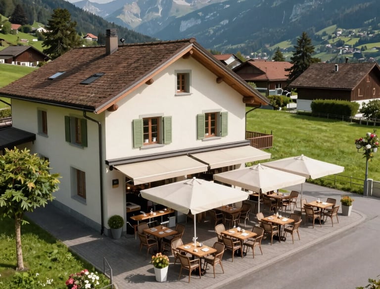Drone flying over a charming Swiss hotel surrounded by nature at sunset.