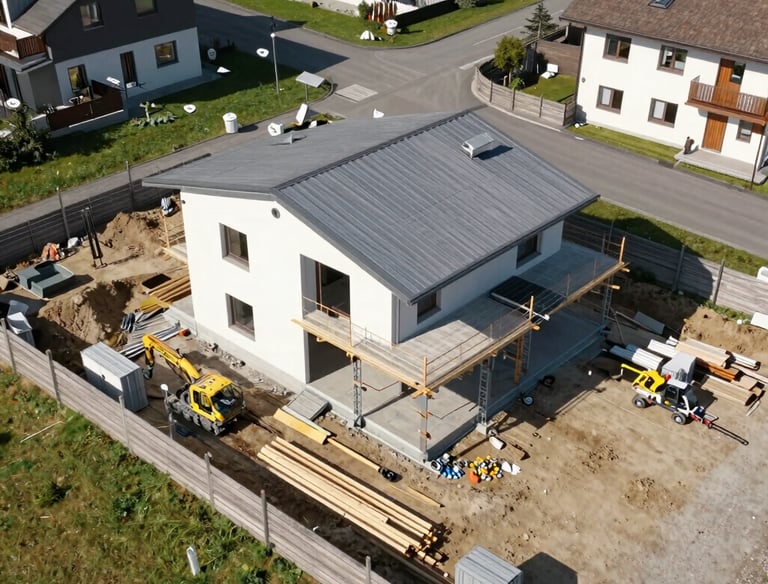 Aerial view of a construction site with clear skies and precise drone positioning.