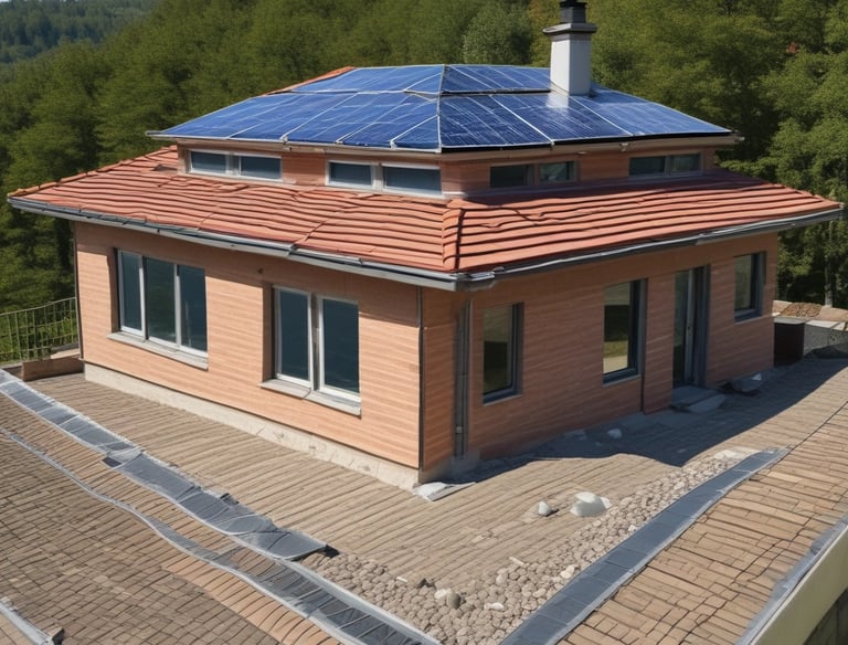 A sleek dark blue car parked in front of a modern building, symbolizing vehicle insurance.