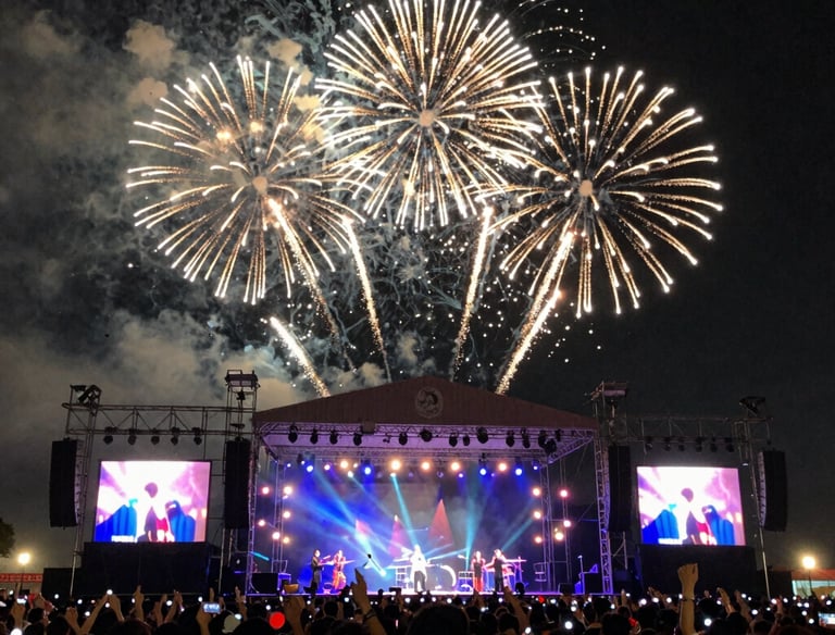 A lively concert stage with musicians performing under colorful lights.