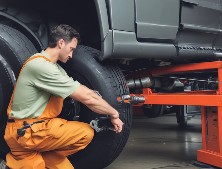 Technician aligning wheels of a truck using advanced equipment.