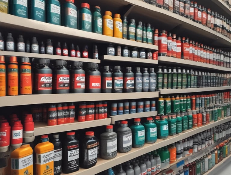 Shelves stocked with various new auto parts and lubricants in a clean store.