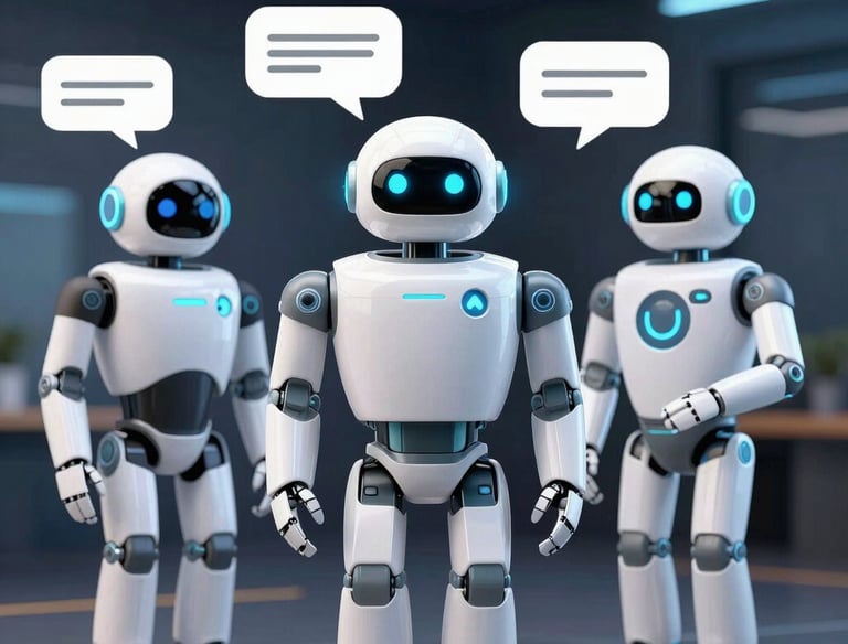 A sleek futuristic digital interface showing AI chatbot interactions in a corporate setting.