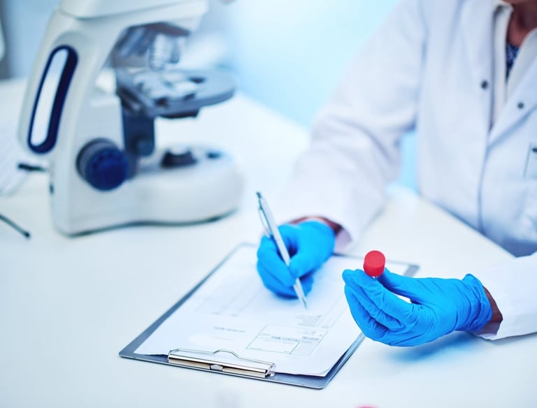 Scientist in white coat and blue gloves holding a sample vial near a microscope and clipboard.