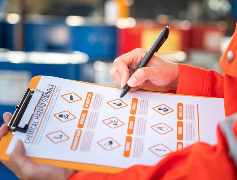 Worker checking chemical hazard symbols on a clipboard for industrial safety and compliance.