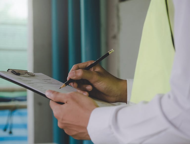 A construction worker in a safety vest writing on a clipboard during a building site inspection.