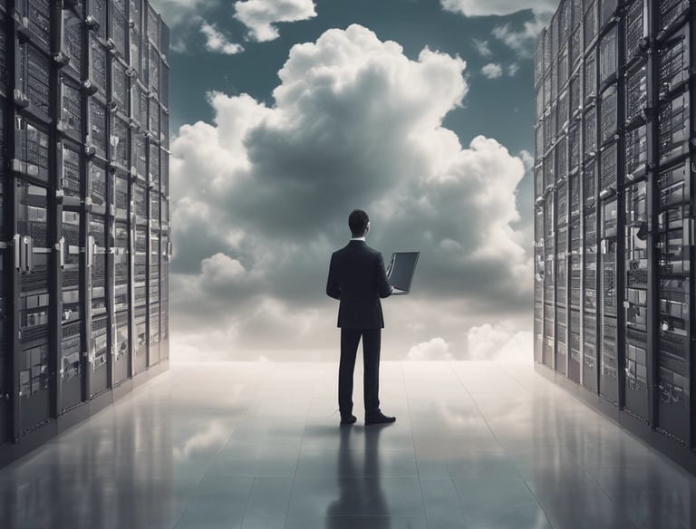 IT professional with a laptop standing in a cloud computing data center server room.