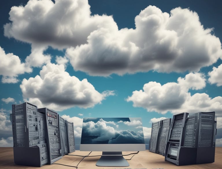 A desktop computer and server racks on a wooden desk with a cloud-filled sky background.