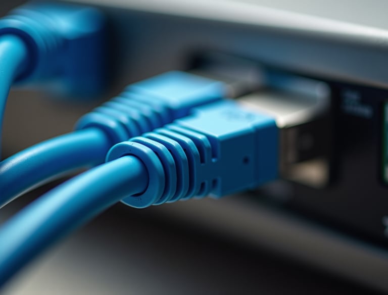 Blue Ethernet cables plugged into a high-speed network switch for local area network connectivity.