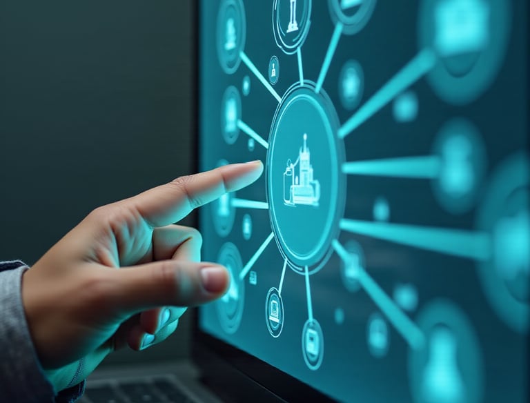 Hand touching a laptop screen displaying a glowing blue digital network for logistics and supply chain management.