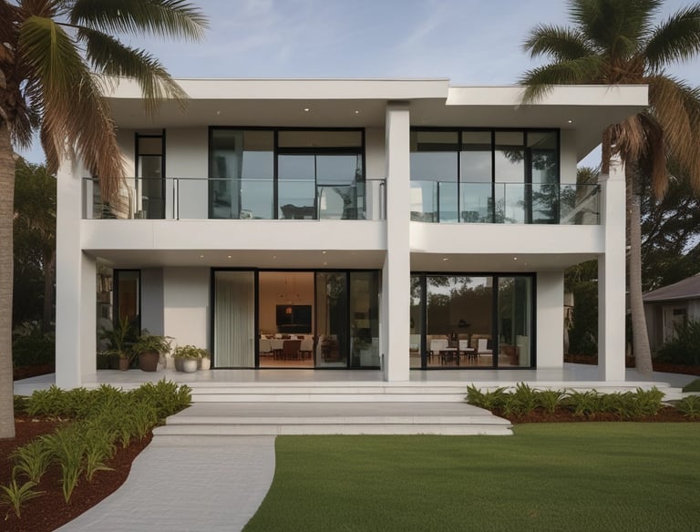 Modern home exterior showcasing impact-resistant windows with sleek black frames.