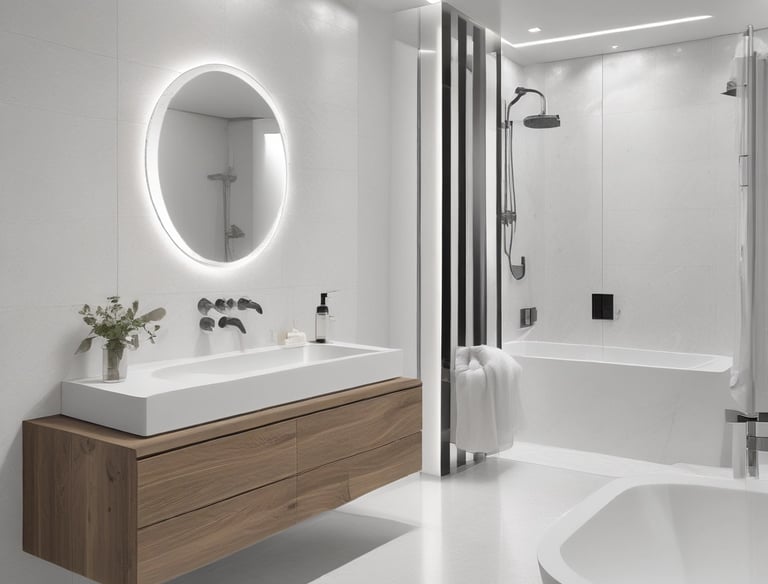 Renovated bathroom with clean lines, white tiles, and subtle metallic fixtures.