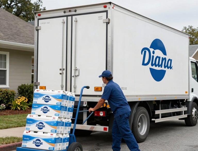 Delivery person handing a water bottle to a happy customer at their doorstep.