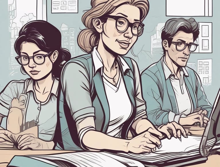 A friendly teacher engaging with children in a bright classroom.