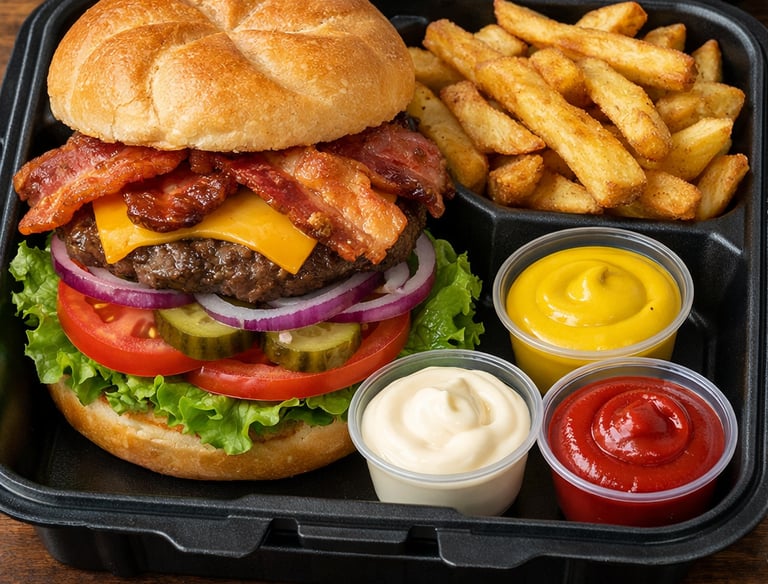 Bacon Cheeseburger with lettuce, tomatoes, onions, pickles and homestyle fries