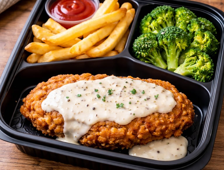 Chicken Fried Steak, steamed broccoli and homestyle french fries