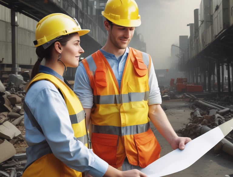 Engineer giving a safety training course to a group of workers in an industrial setting.