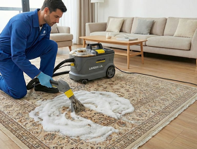 Técnico lavando alfombra en Ibagué con máquina profesional
