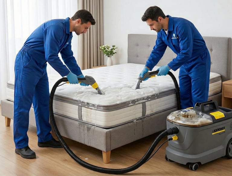 Técnico lavando colchón en Ibagué con máquina profesional